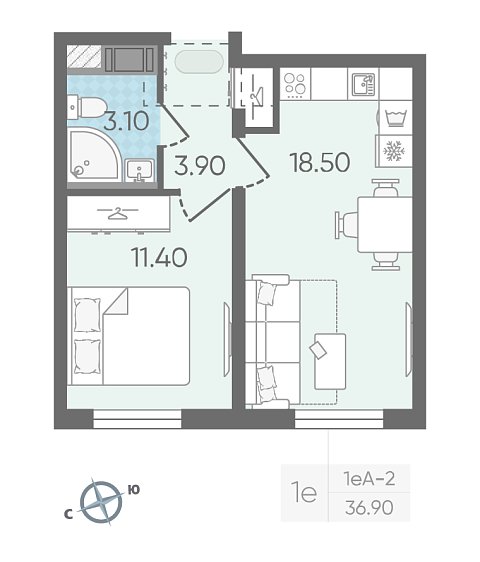 студия, 36.9 м², 25 этаж 