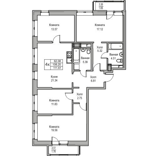 4 комн. квартира, 111.6 м², 3 этаж 