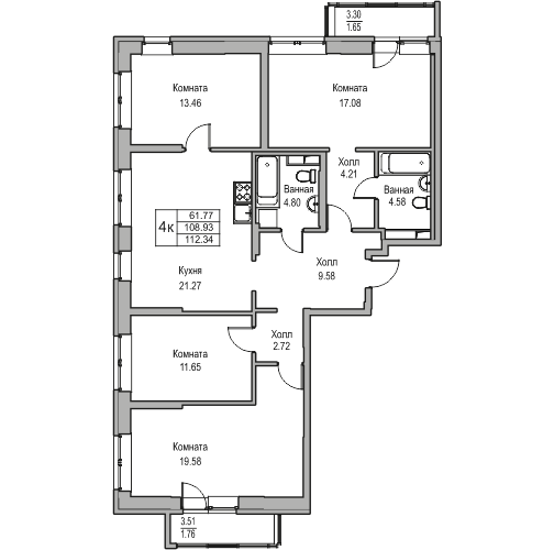 4 комн. квартира, 112.3 м², 2 этаж 