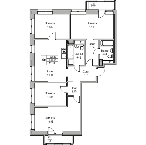 4 комн. квартира, 111.9 м², 16 этаж 