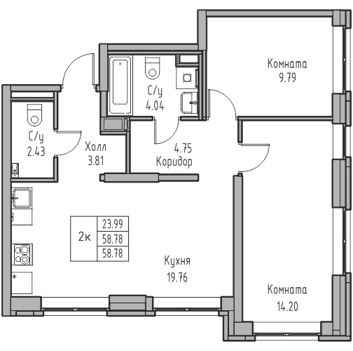 2 комн. квартира, 58.8 м², 1 этаж 