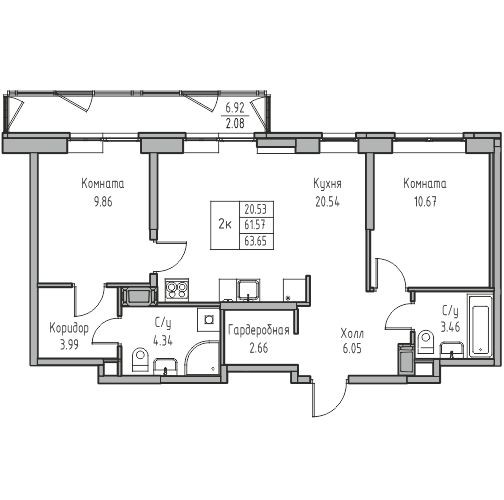 2 комн. квартира, 63.6 м², 3 этаж 