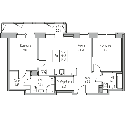 2 комн. квартира, 63.6 м², 9 этаж 