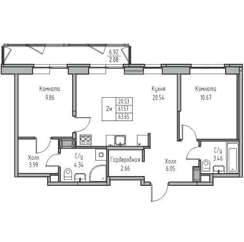 2 комн. квартира, 63.6 м², 17 этаж 