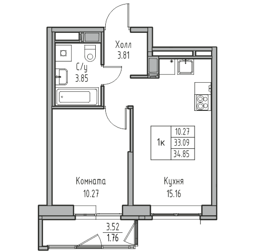 1 комн. квартира, 34.9 м², 12 этаж 