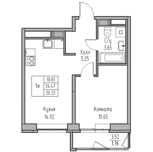 1 комн. квартира, 36.2 м², 12 этаж 