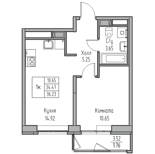 1 комн. квартира, 36.2 м², 20 этаж 