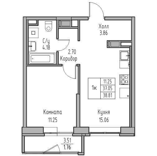 1 комн. квартира, 38.8 м², 4 этаж 