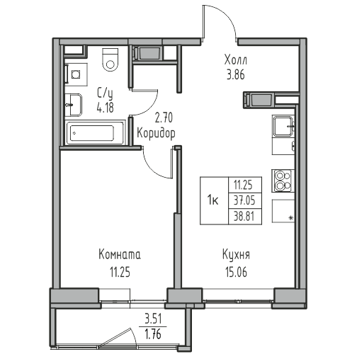 1 комн. квартира, 38.8 м², 8 этаж 