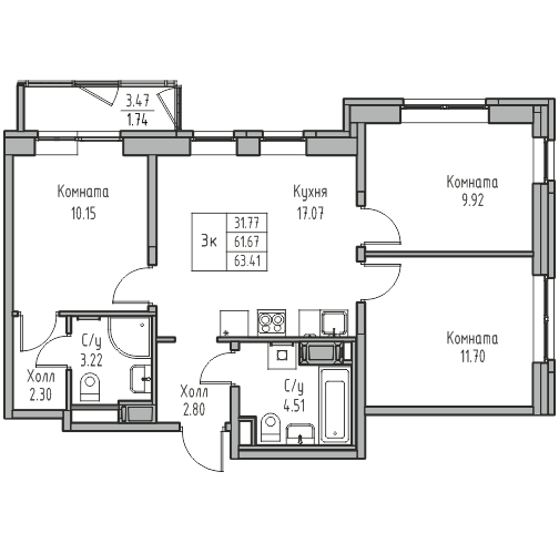 3 комн. квартира, 63.4 м², 16 этаж 