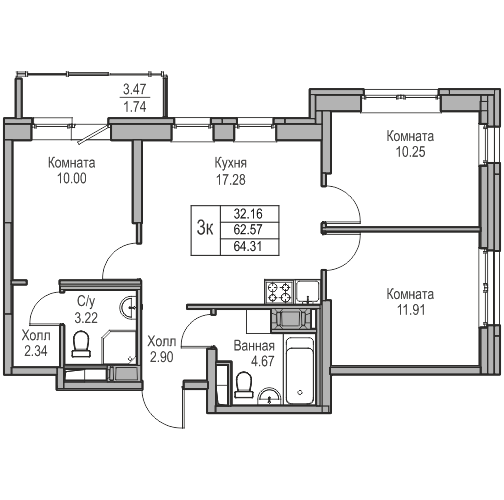 1 комн. квартира, 64.3 м², 2 этаж 