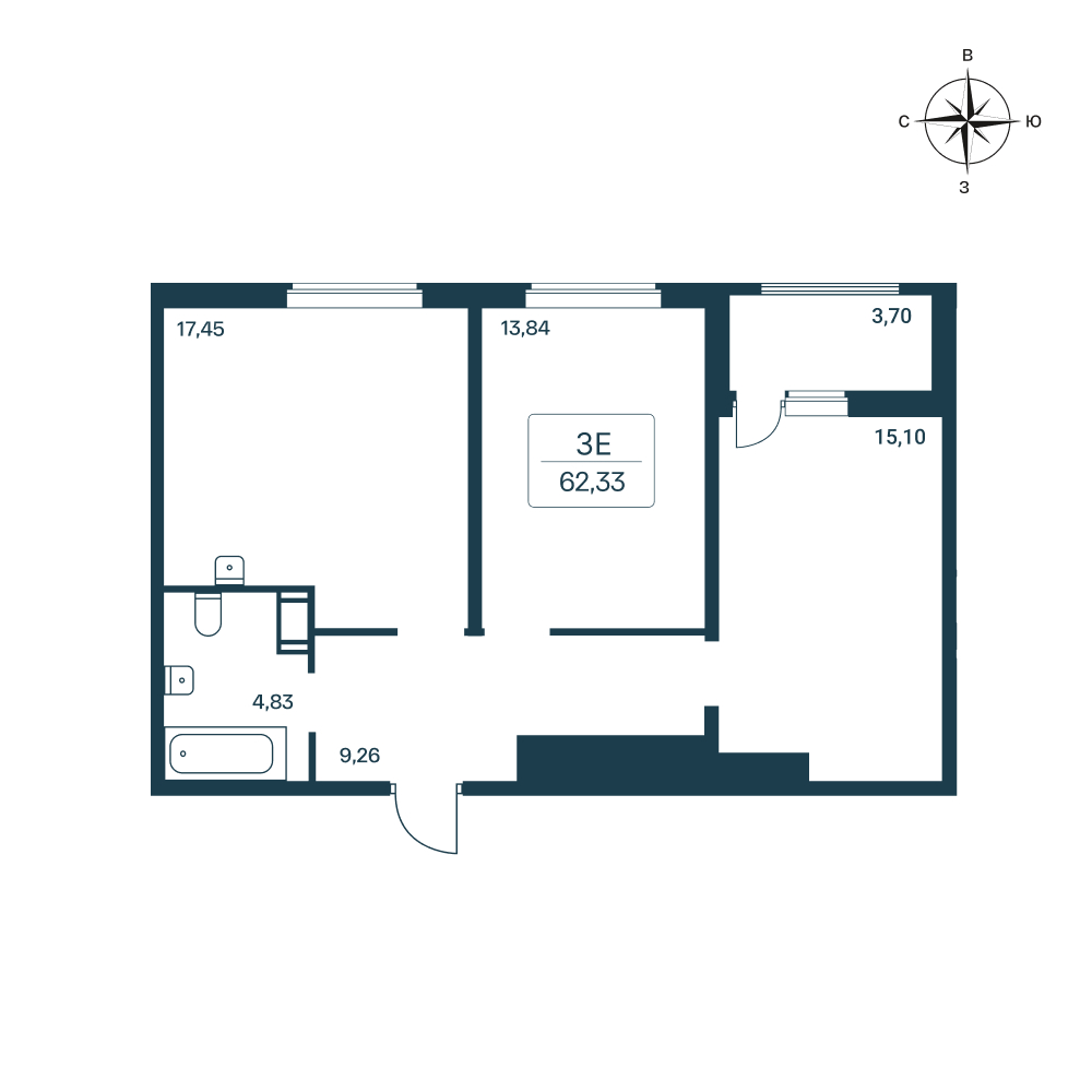 2 комн. квартира, 62 м², 11 этаж 