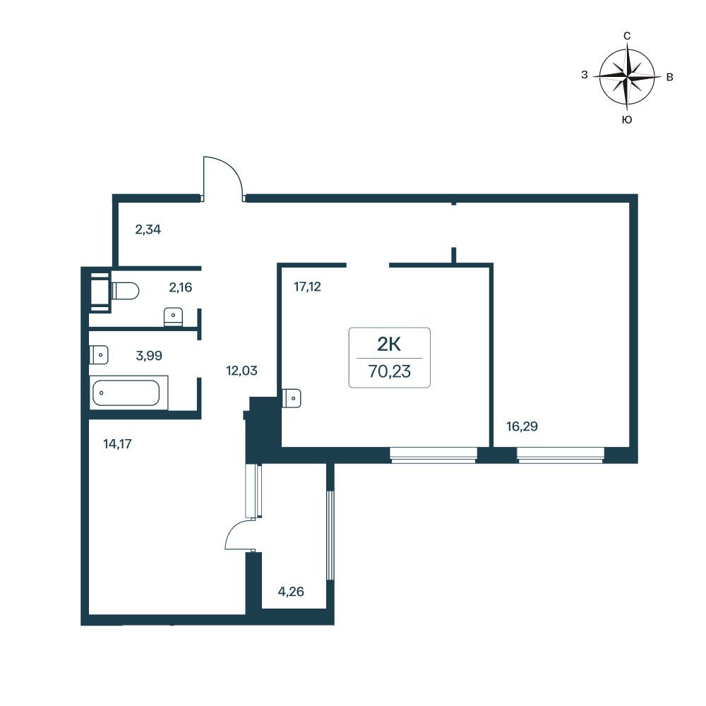 2 комн. квартира, 70.6 м², 7 этаж 