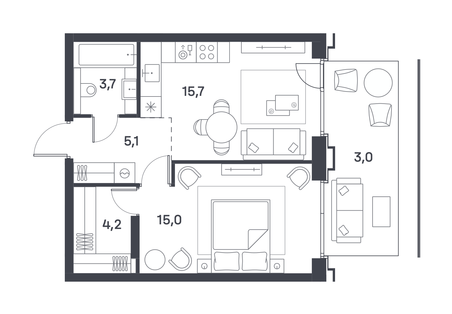 1 комн. квартира, 46.7 м², 2 этаж 
