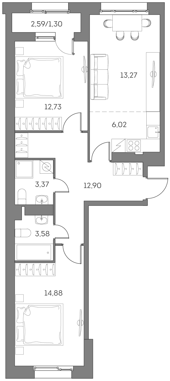 3 комн. квартира, 68 м², 14 этаж 