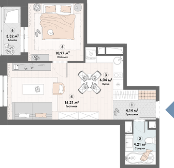 1 комн. квартира, 44.9 м², 13 этаж 