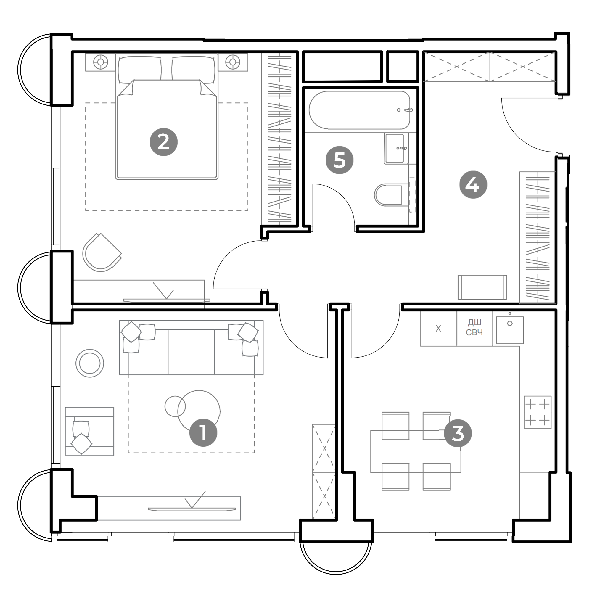 2 комн. квартира, 61.8 м², 23 этаж 