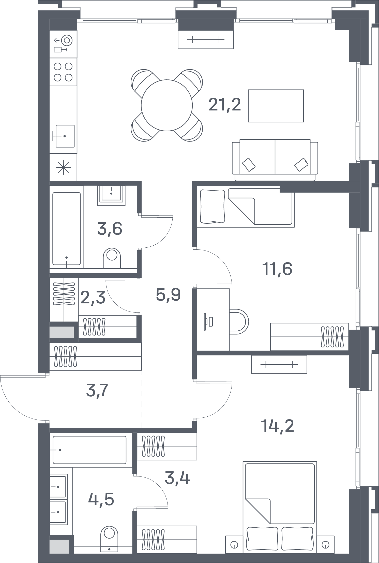 2 комн. квартира, 70.4 м², 17 этаж 