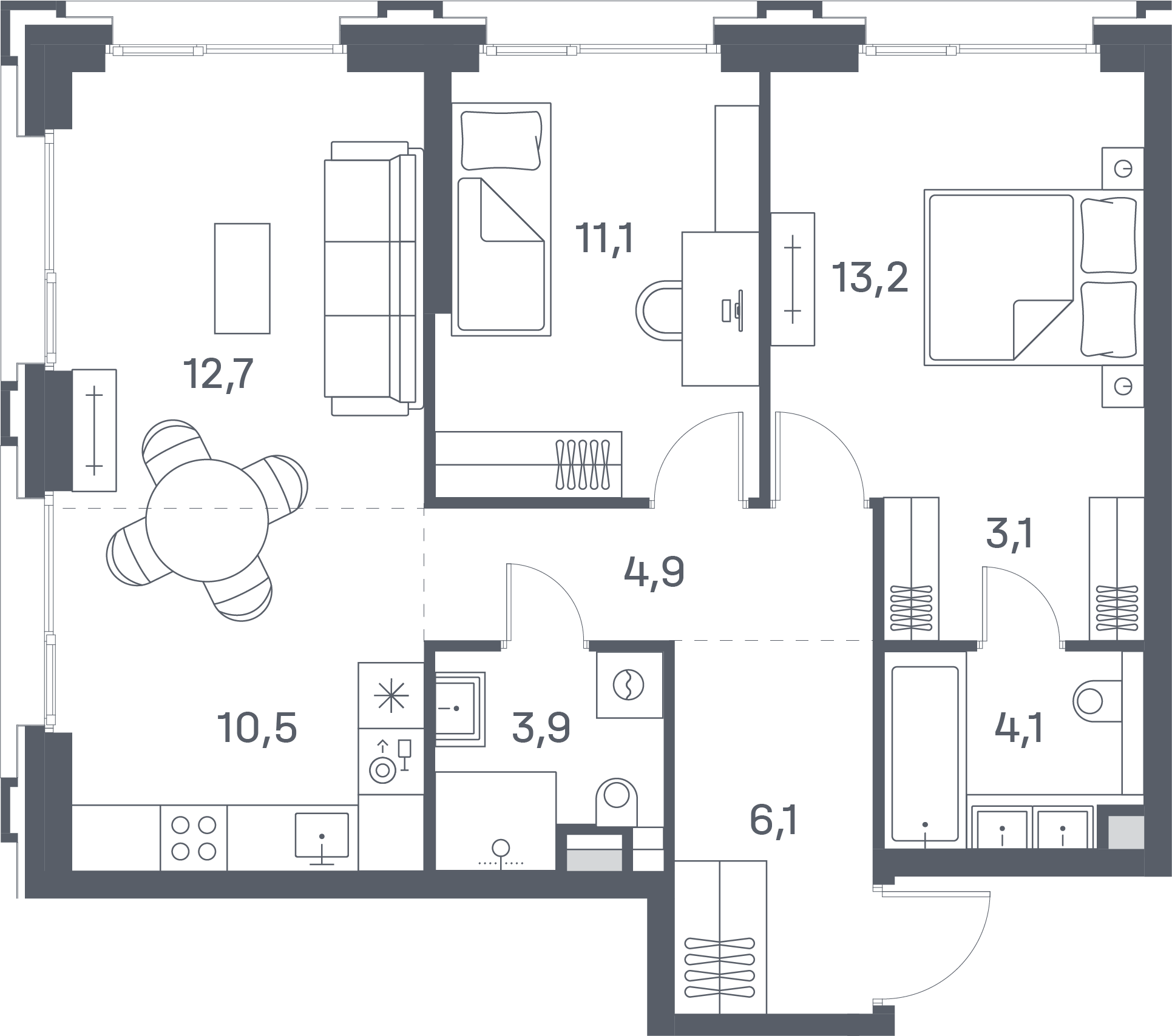 2 комн. квартира, 69.6 м², 22 этаж 