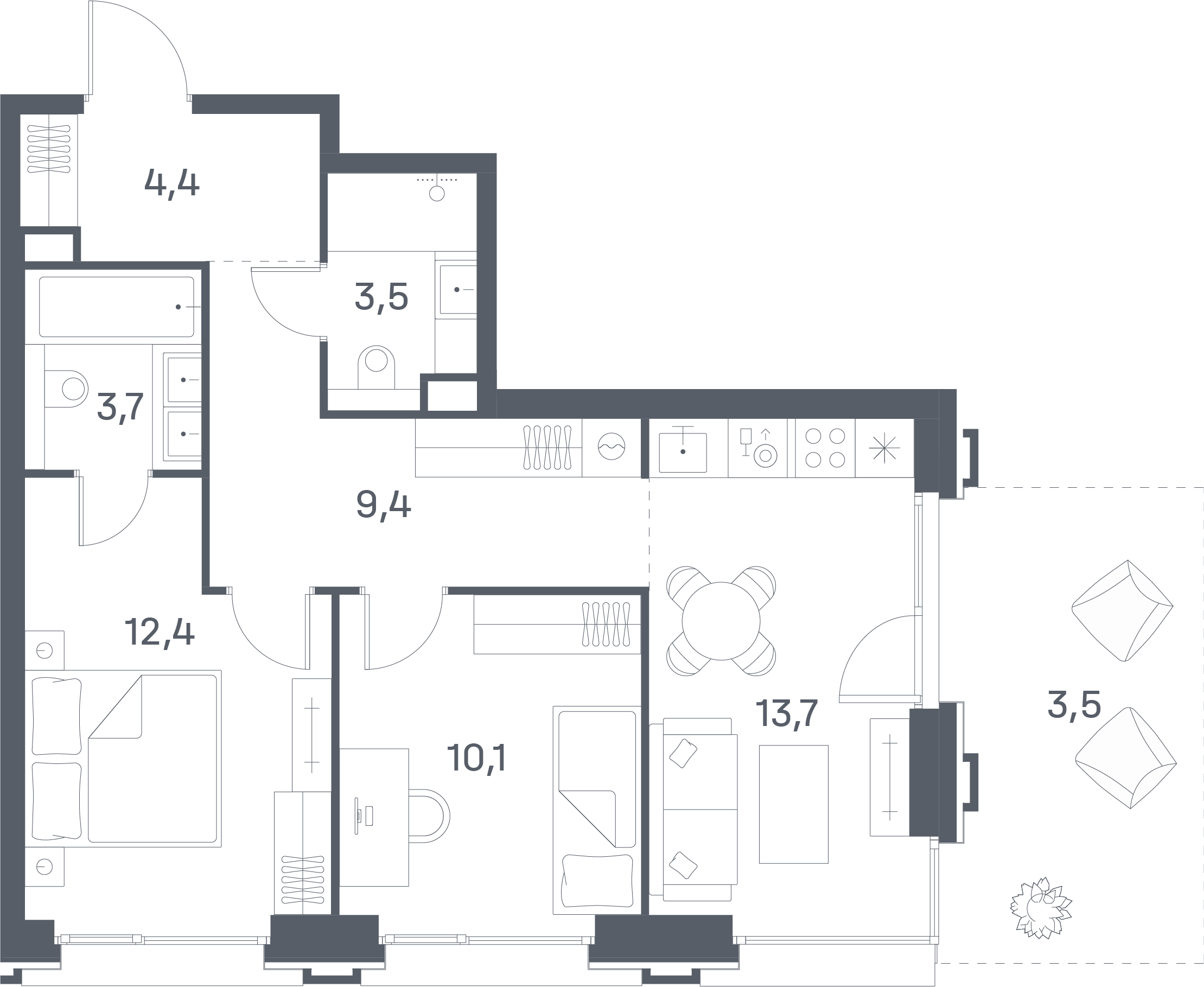 2 комн. квартира, 60.7 м², 2 этаж 