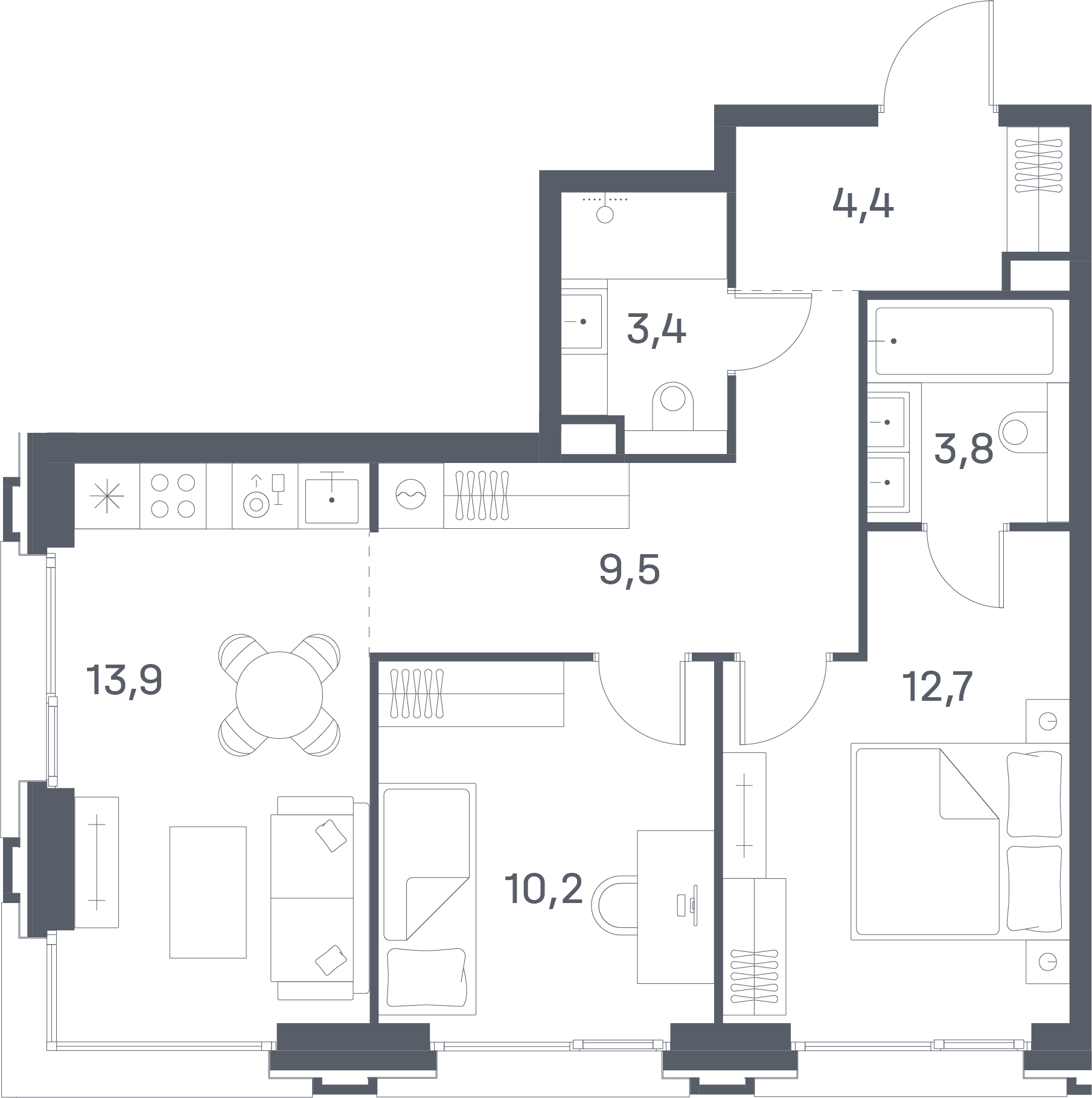 2 комн. квартира, 57.9 м², 21 этаж 
