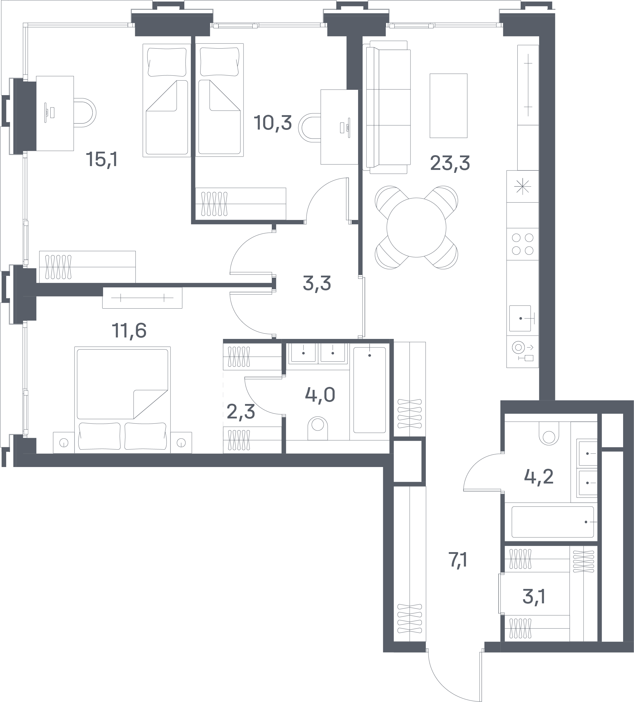 3 комн. квартира, 84.3 м², 26 этаж 
