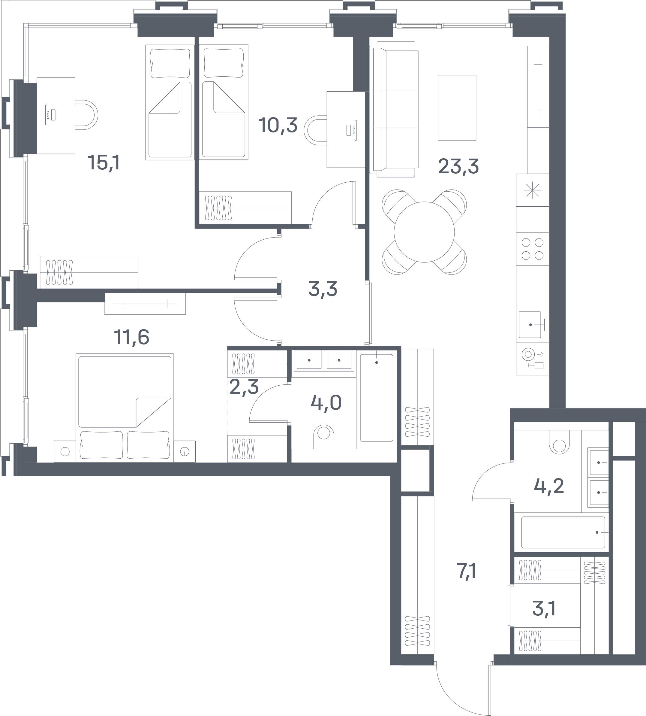 3 комн. квартира, 84.3 м², 21 этаж 
