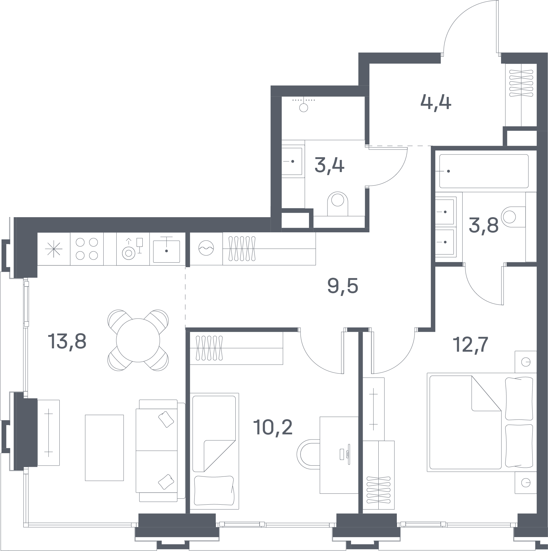2 комн. квартира, 57.8 м², 28 этаж 