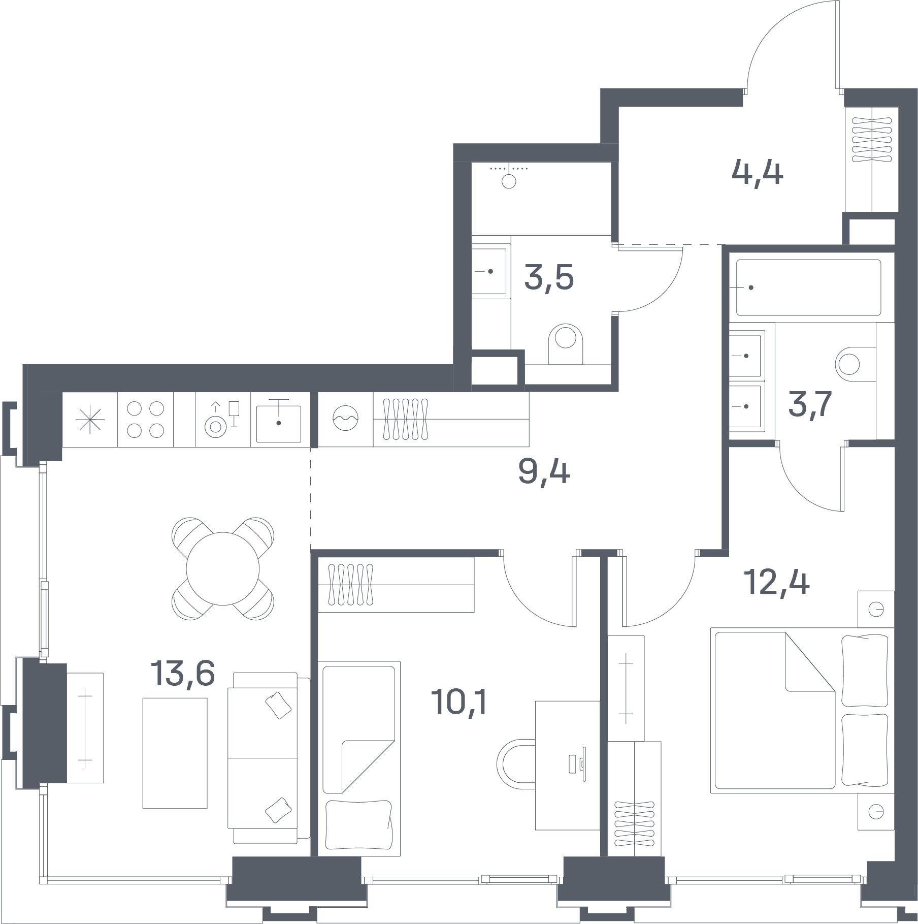 2 комн. квартира, 57.1 м², 7 этаж 