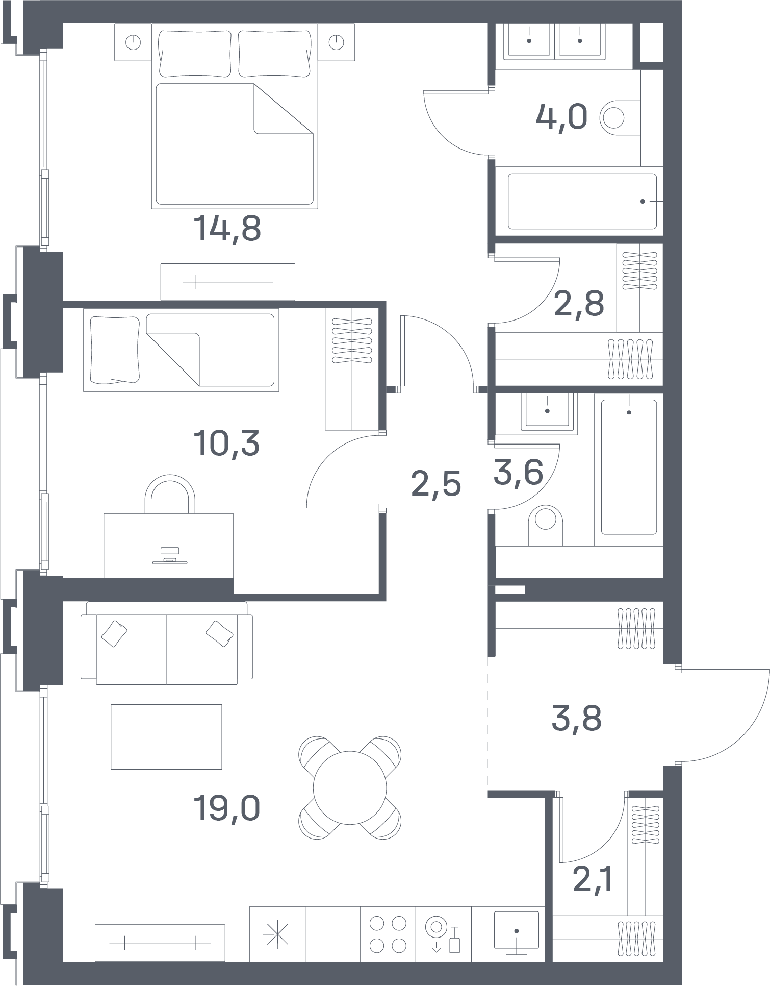2 комн. квартира, 62.9 м², 17 этаж 