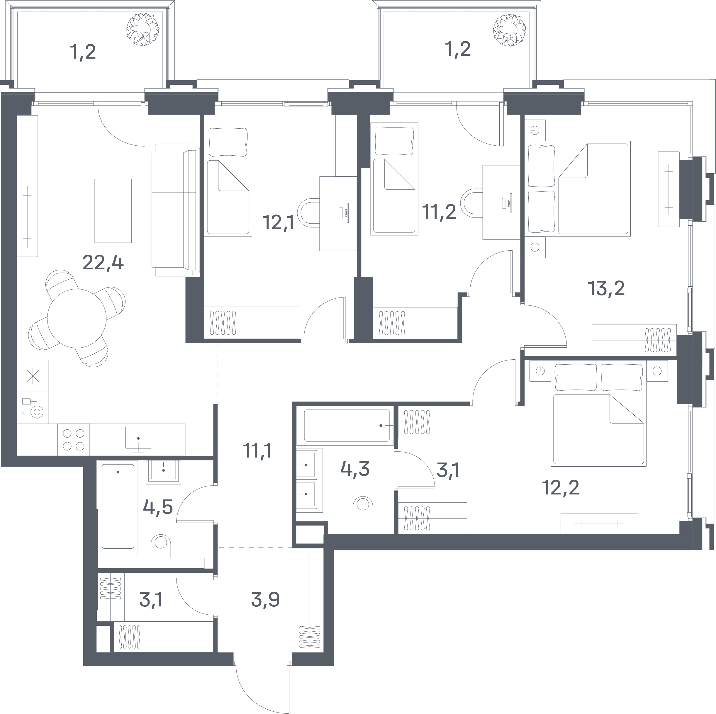 4 комн. квартира, 103.5 м², 13 этаж 