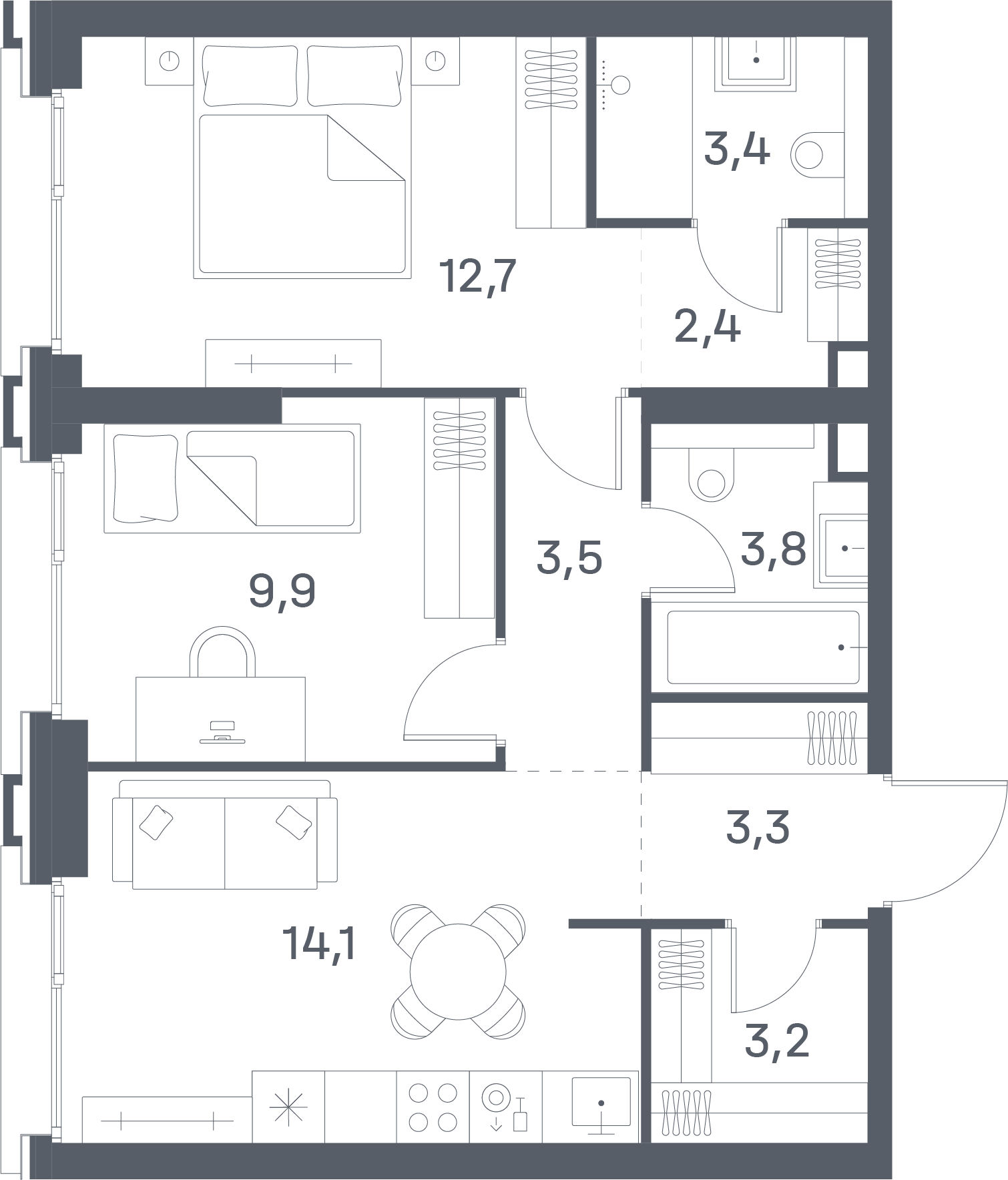 2 комн. квартира, 56.3 м², 8 этаж 