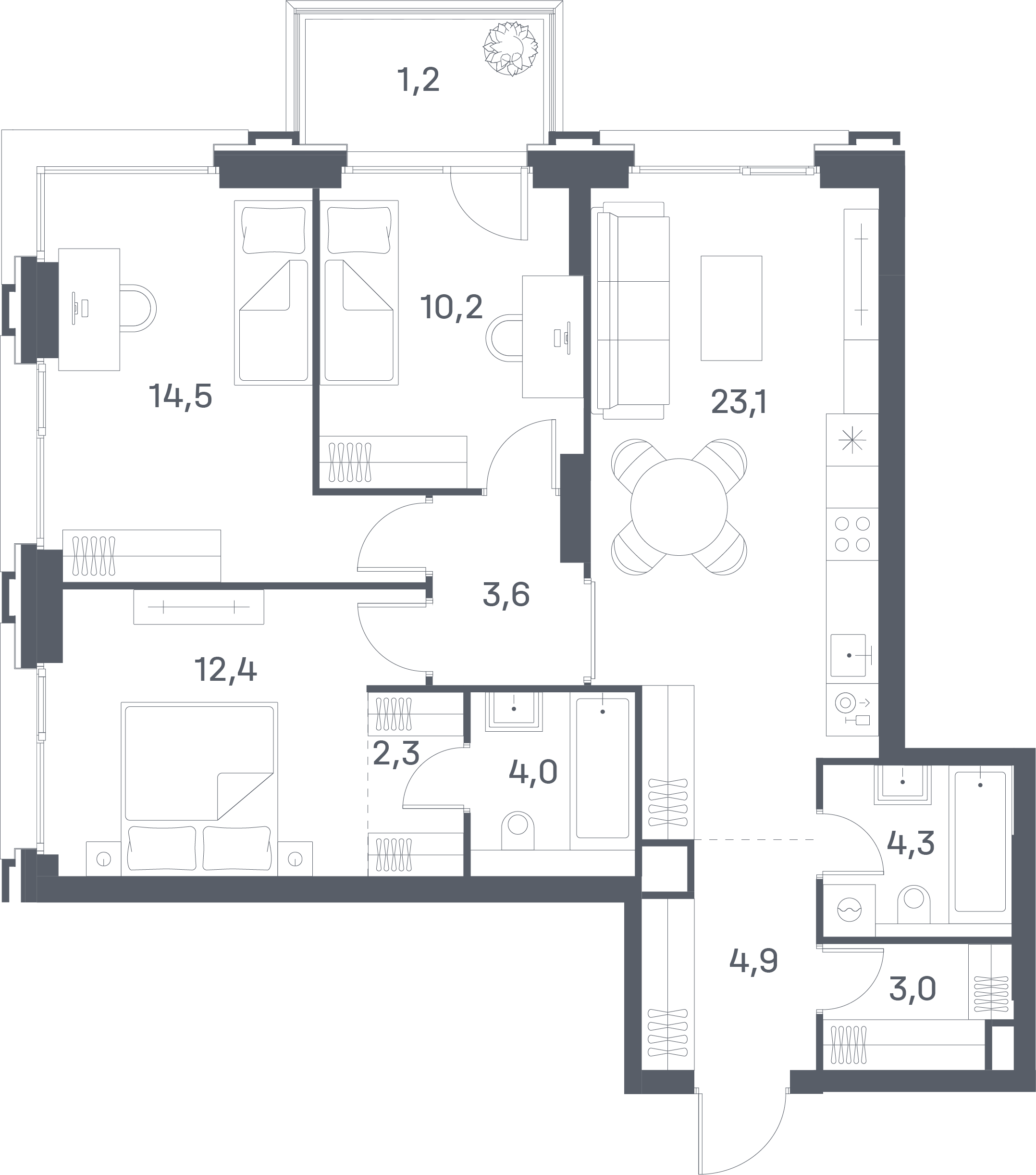 3 комн. квартира, 83.5 м², 13 этаж 