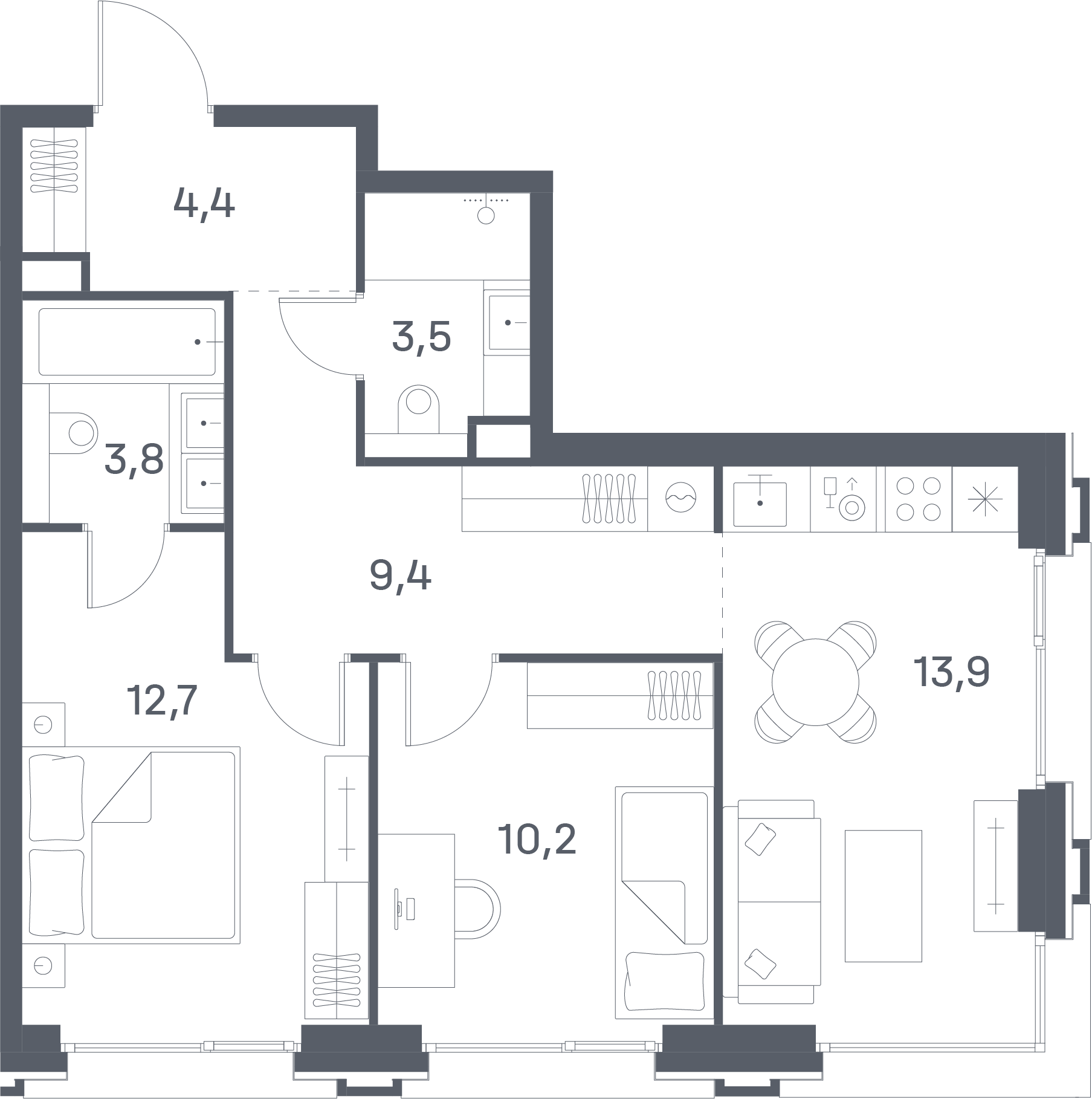 2 комн. квартира, 57.9 м², 25 этаж 