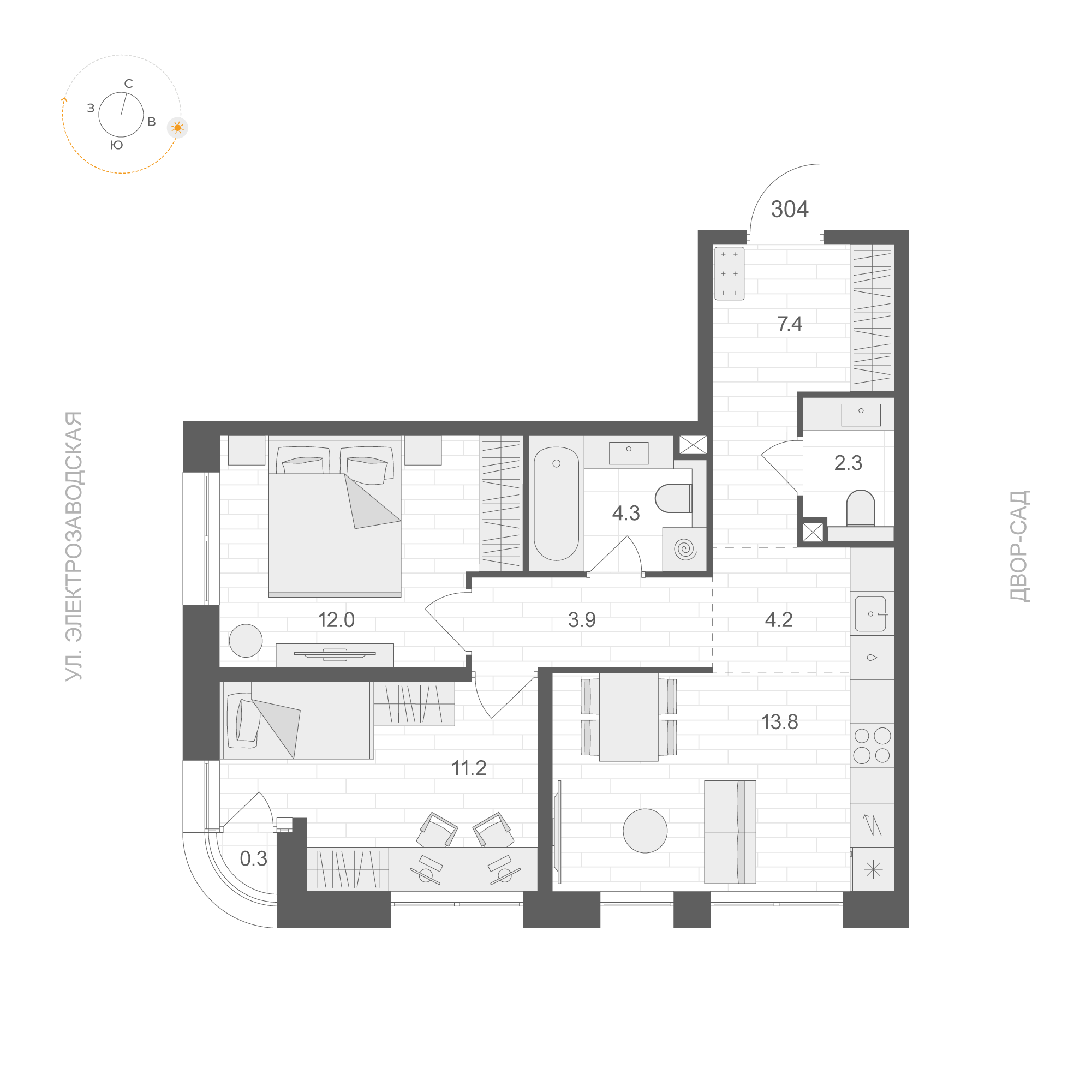 2 комн. квартира, 59.2 м², 3 этаж 