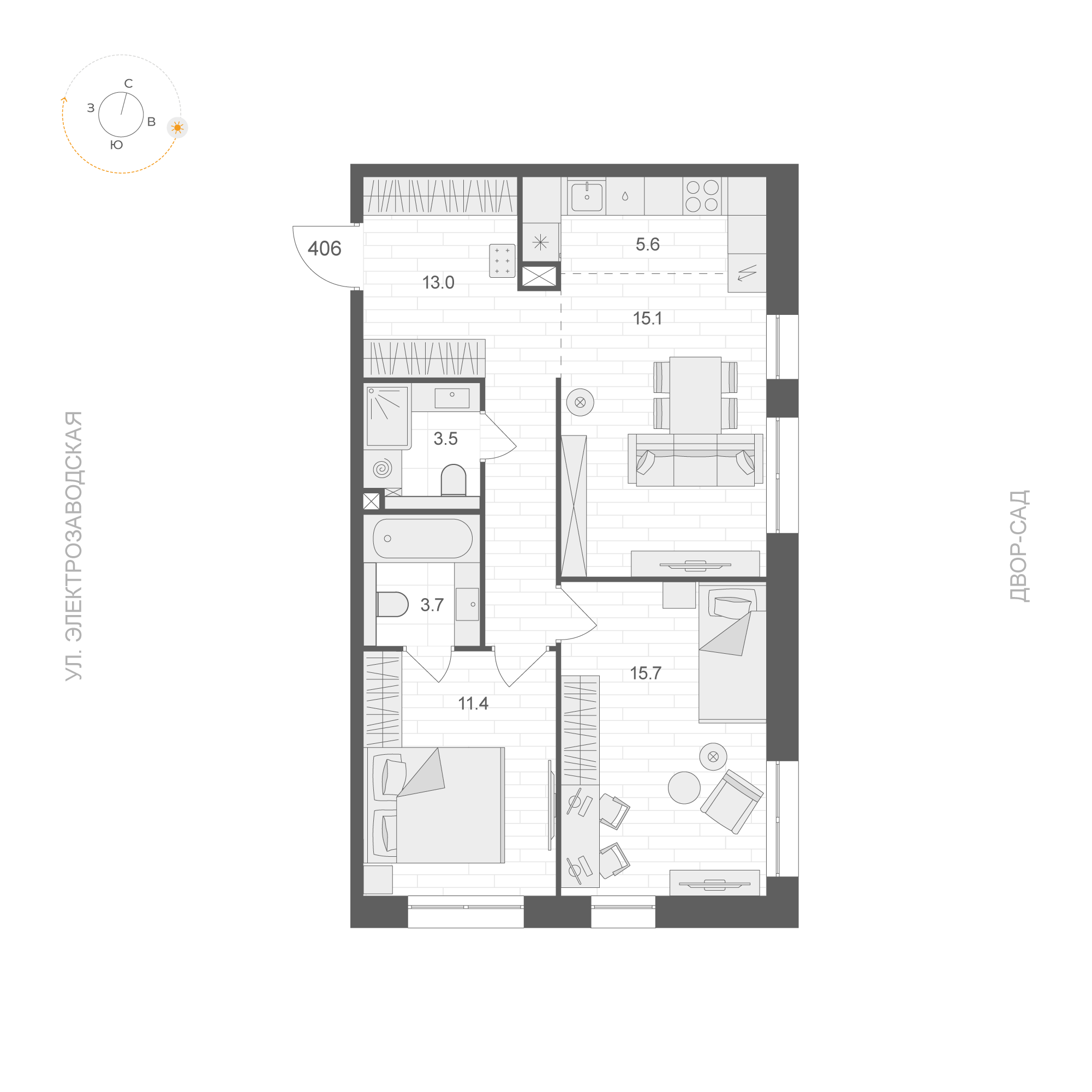 2 комн. квартира, 68 м², 4 этаж 