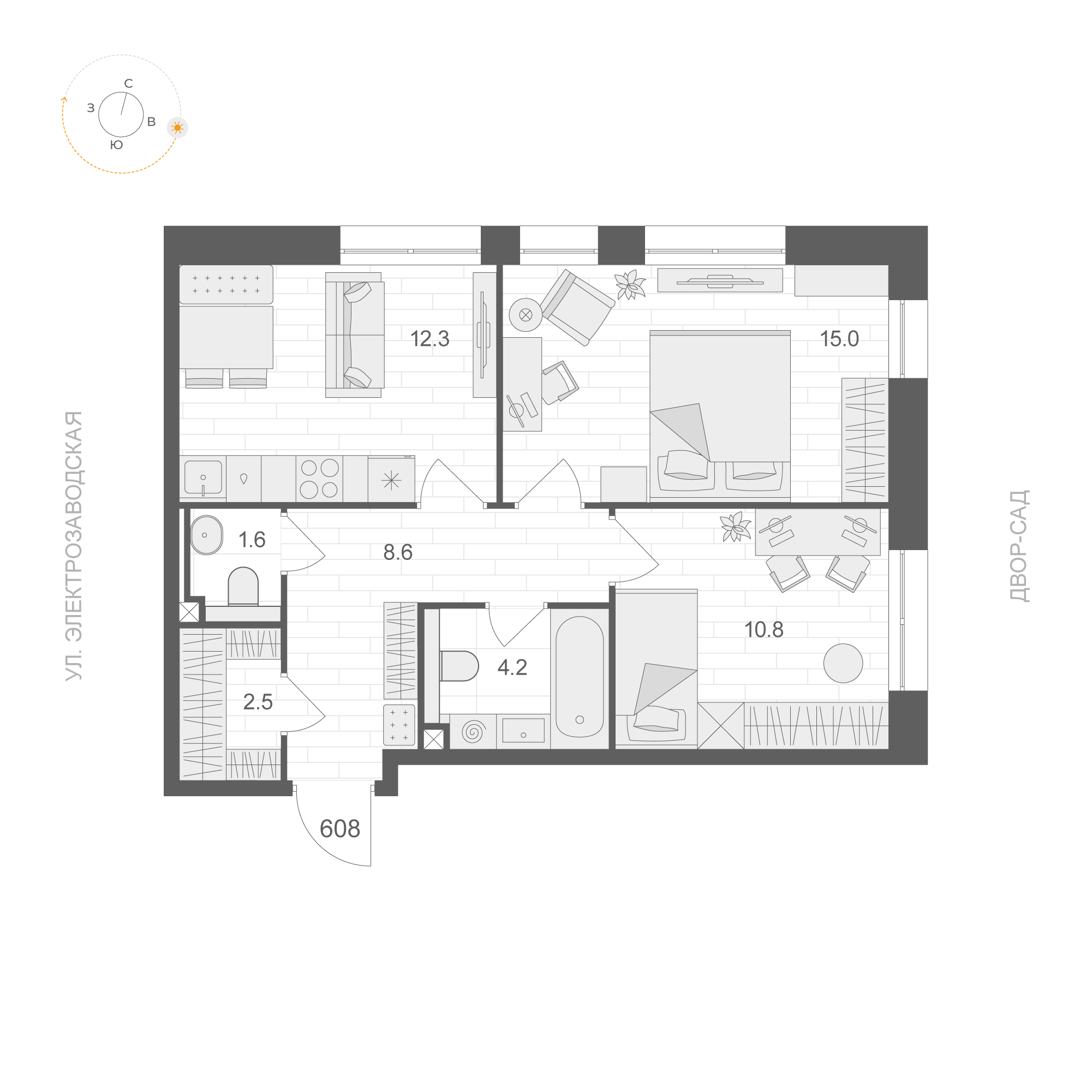 2 комн. квартира, 55 м², 6 этаж 