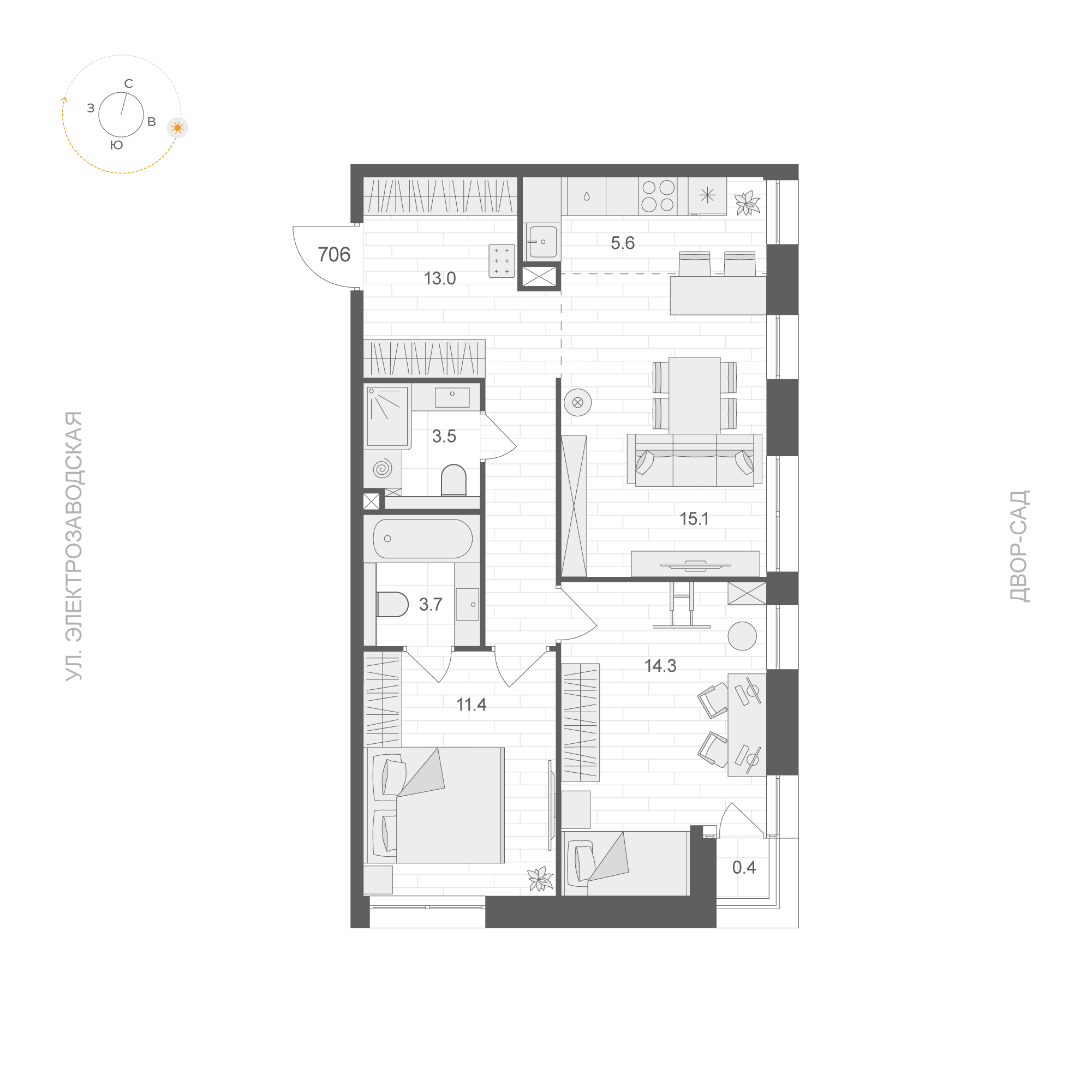 2 комн. квартира, 66.8 м², 7 этаж 