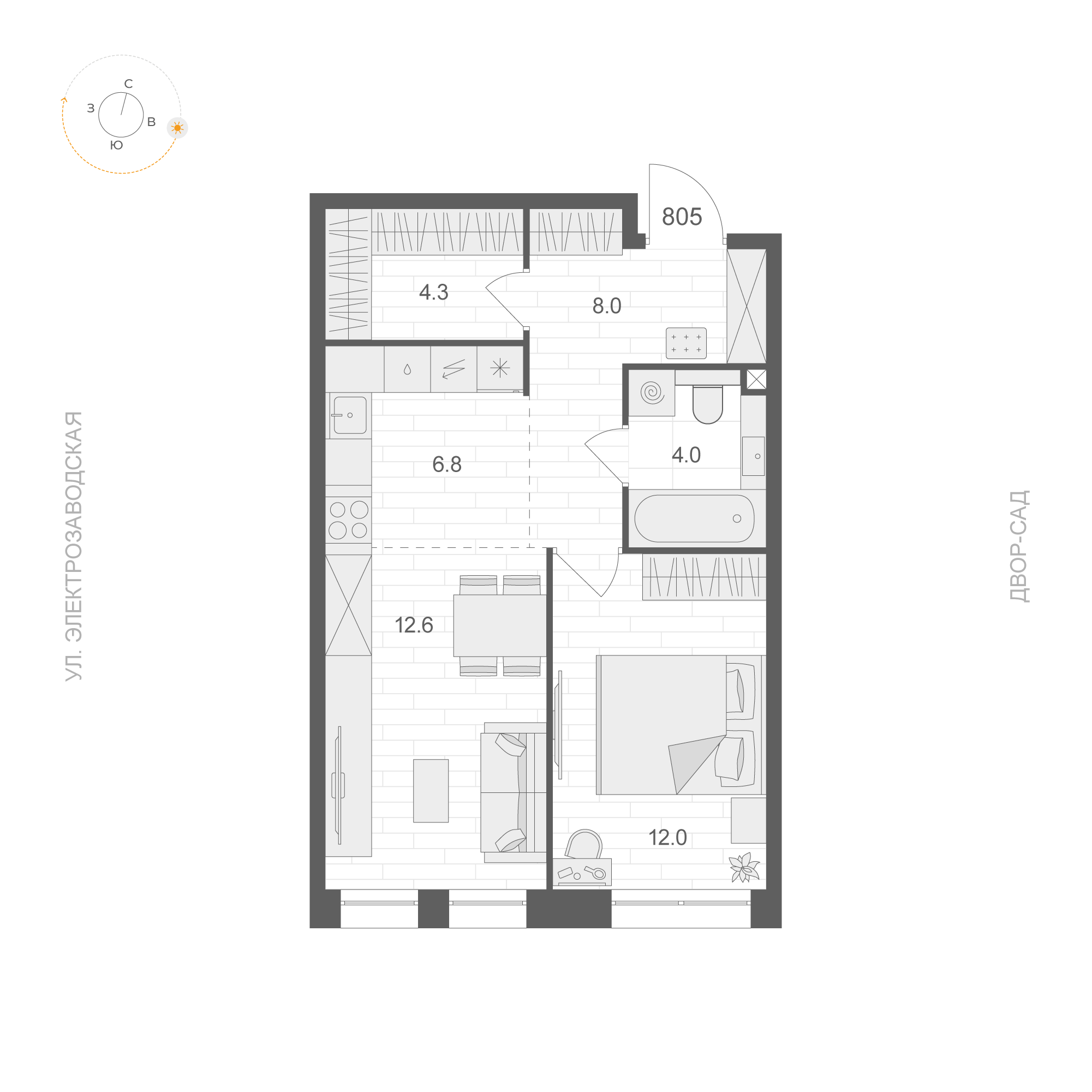 1 комн. квартира, 47.7 м², 8 этаж 