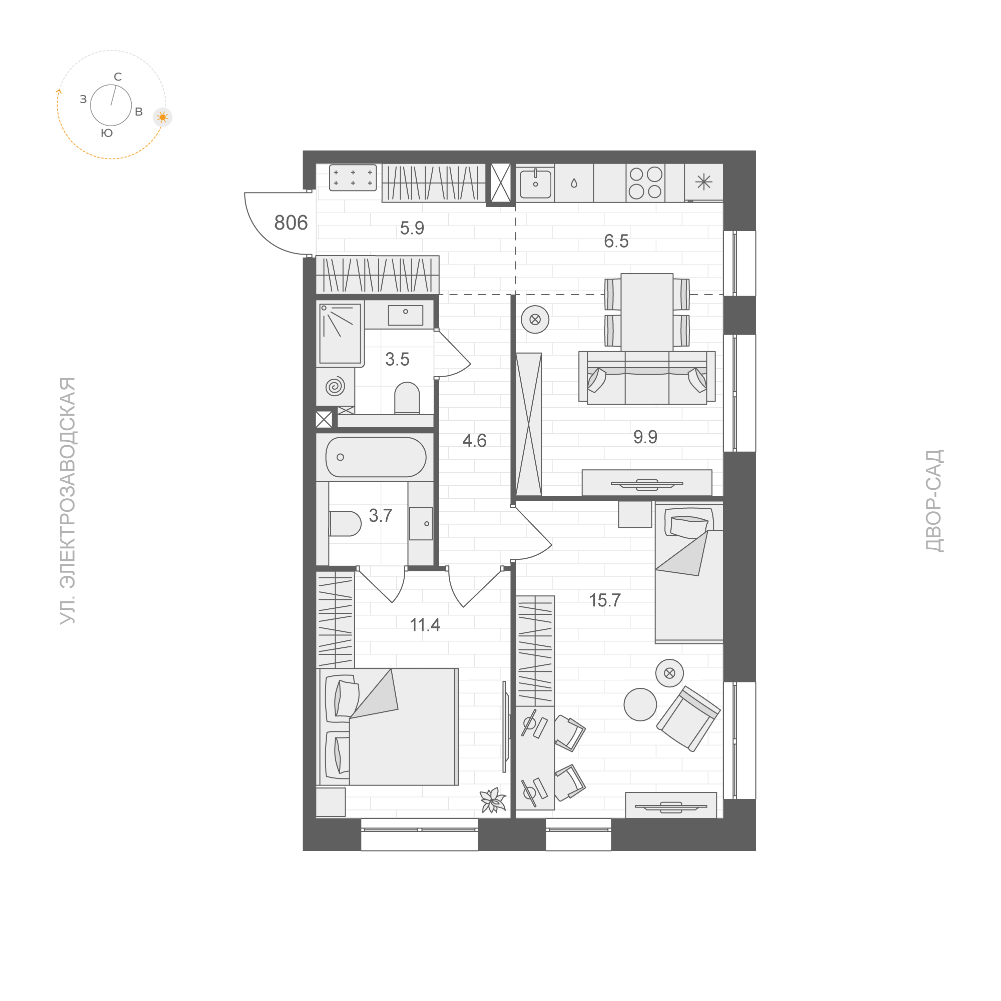 2 комн. квартира, 61.2 м², 8 этаж 