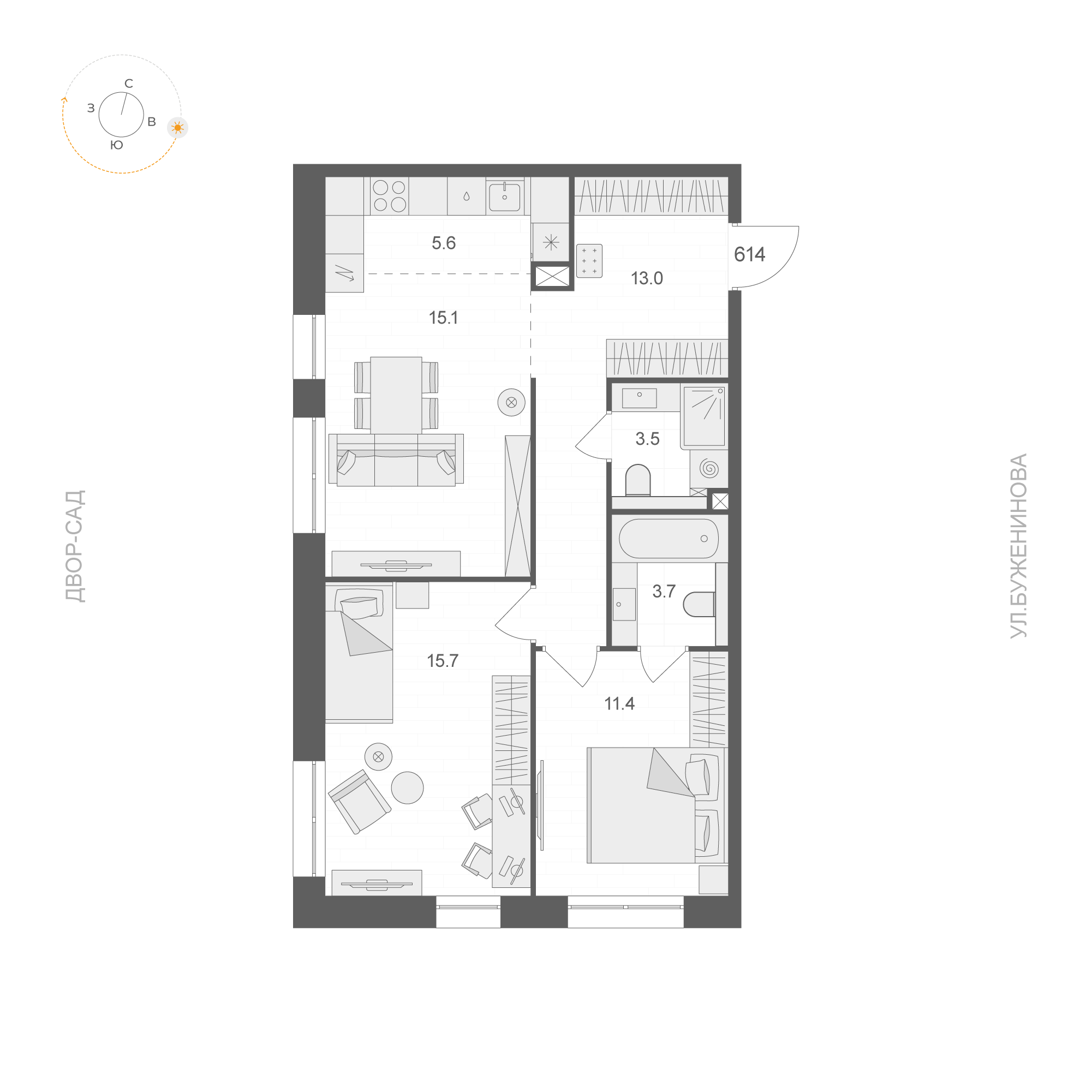 2 комн. квартира, 68 м², 6 этаж 
