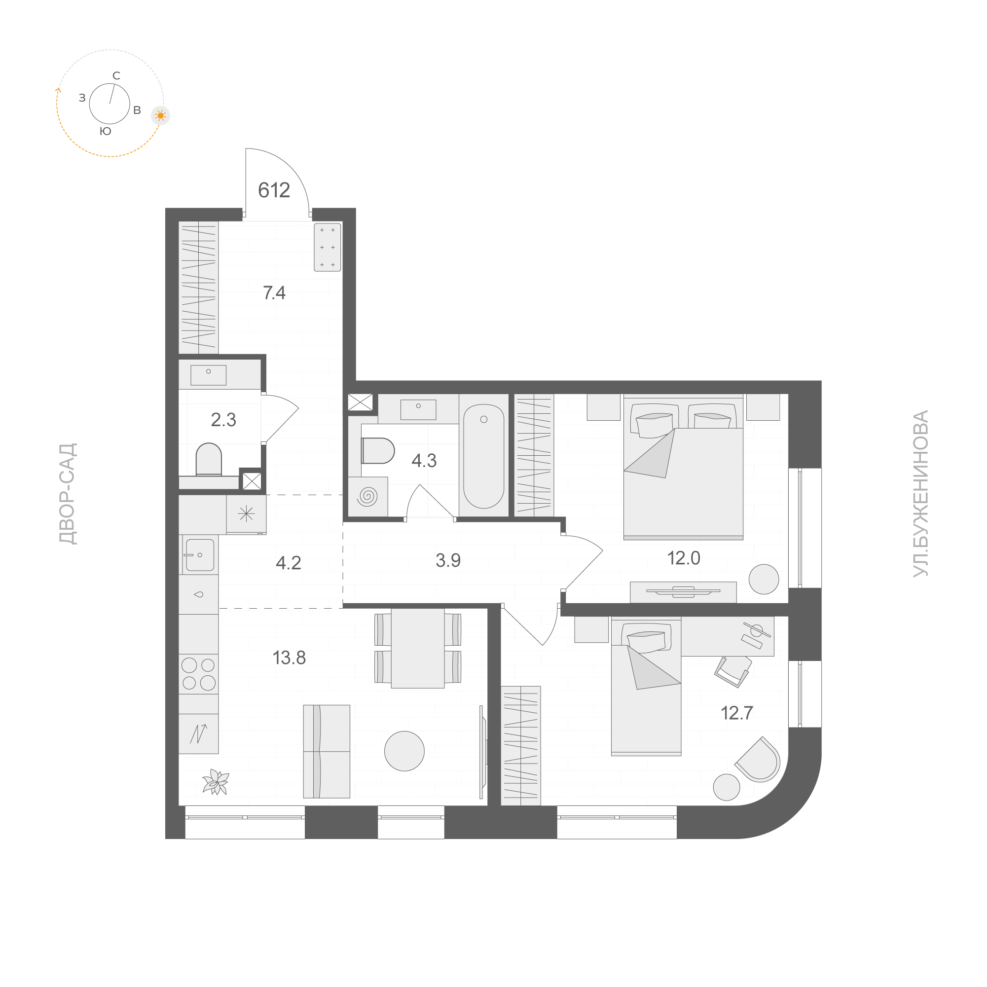 2 комн. квартира, 60.6 м², 6 этаж 