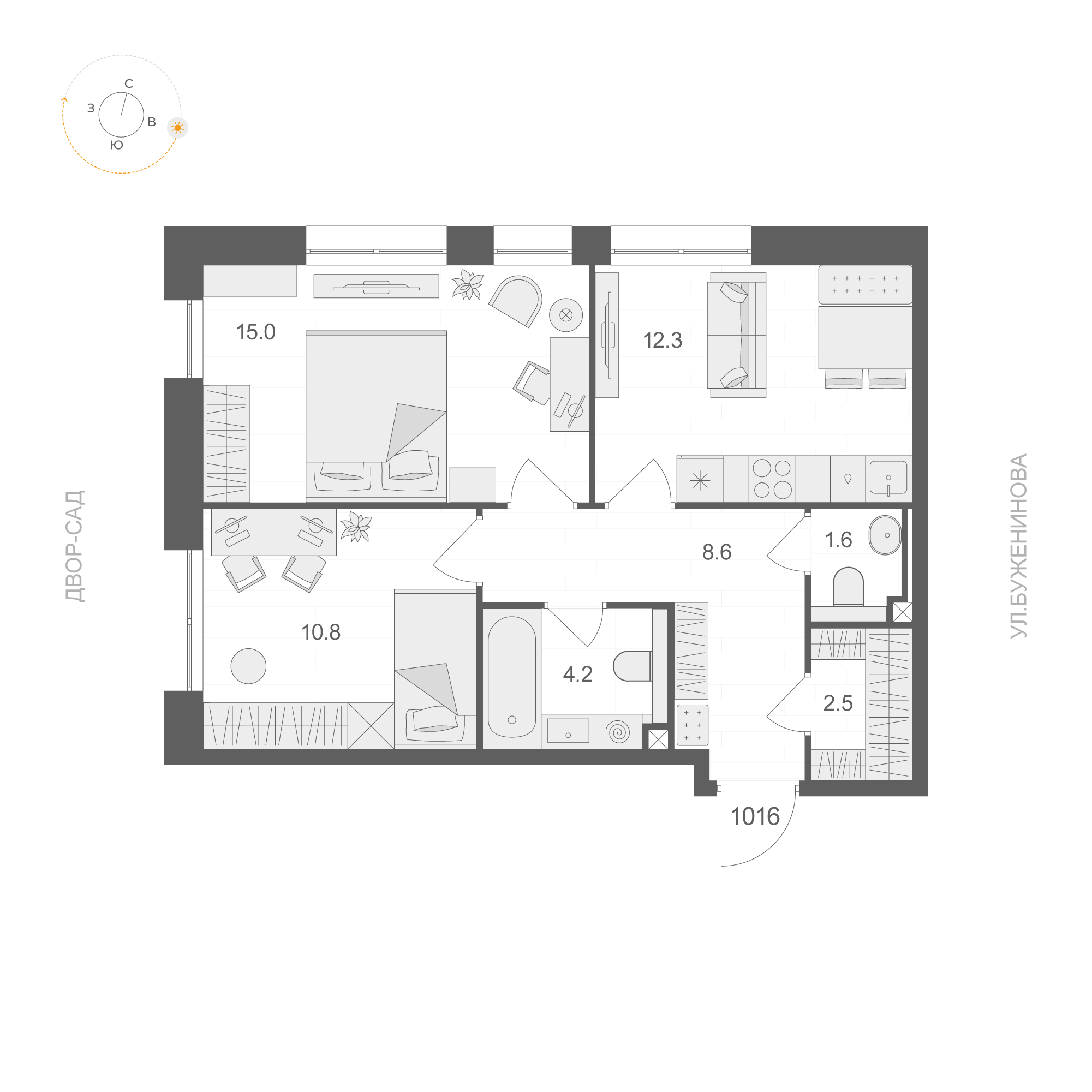 2 комн. квартира, 55 м², 10 этаж 