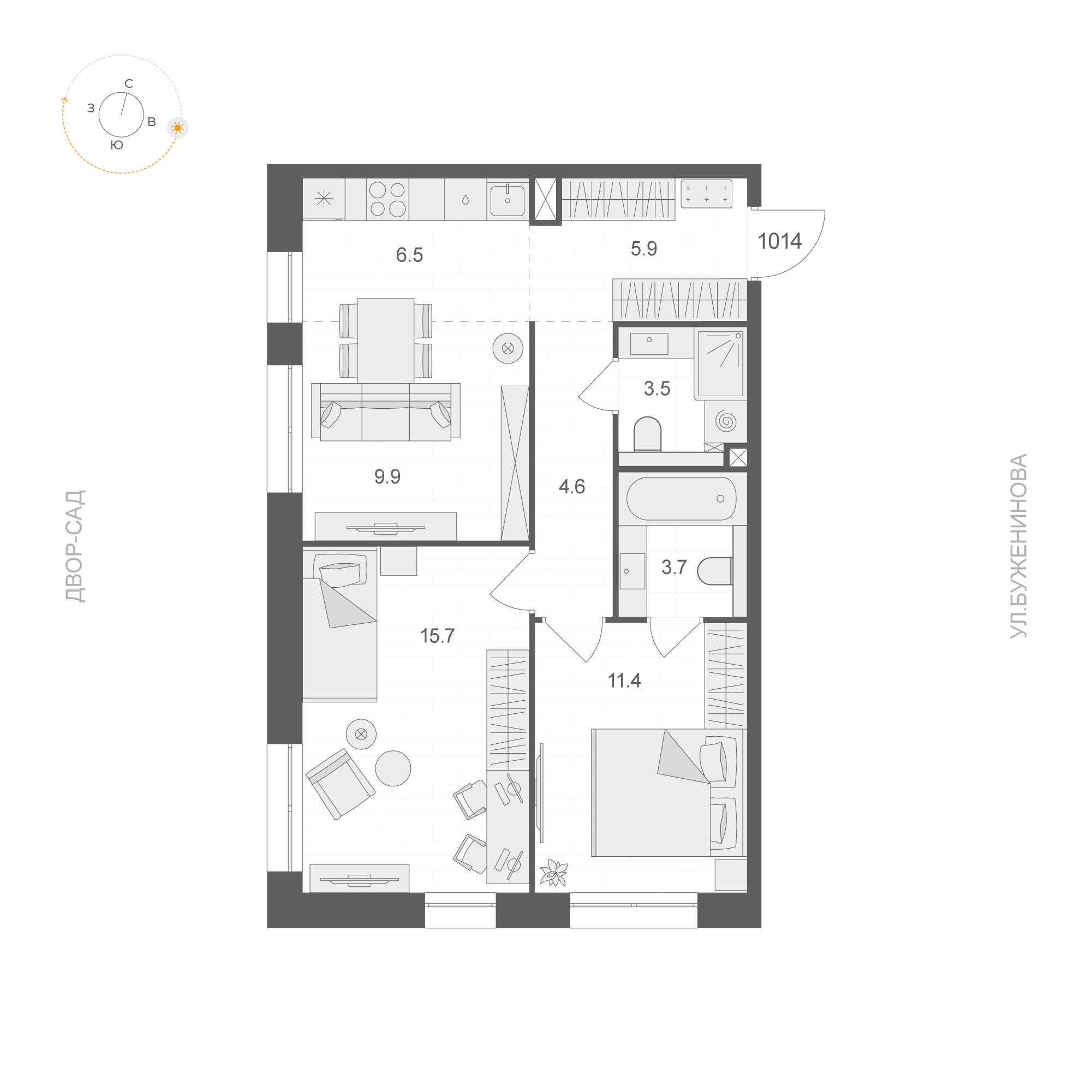 2 комн. квартира, 61.2 м², 10 этаж 