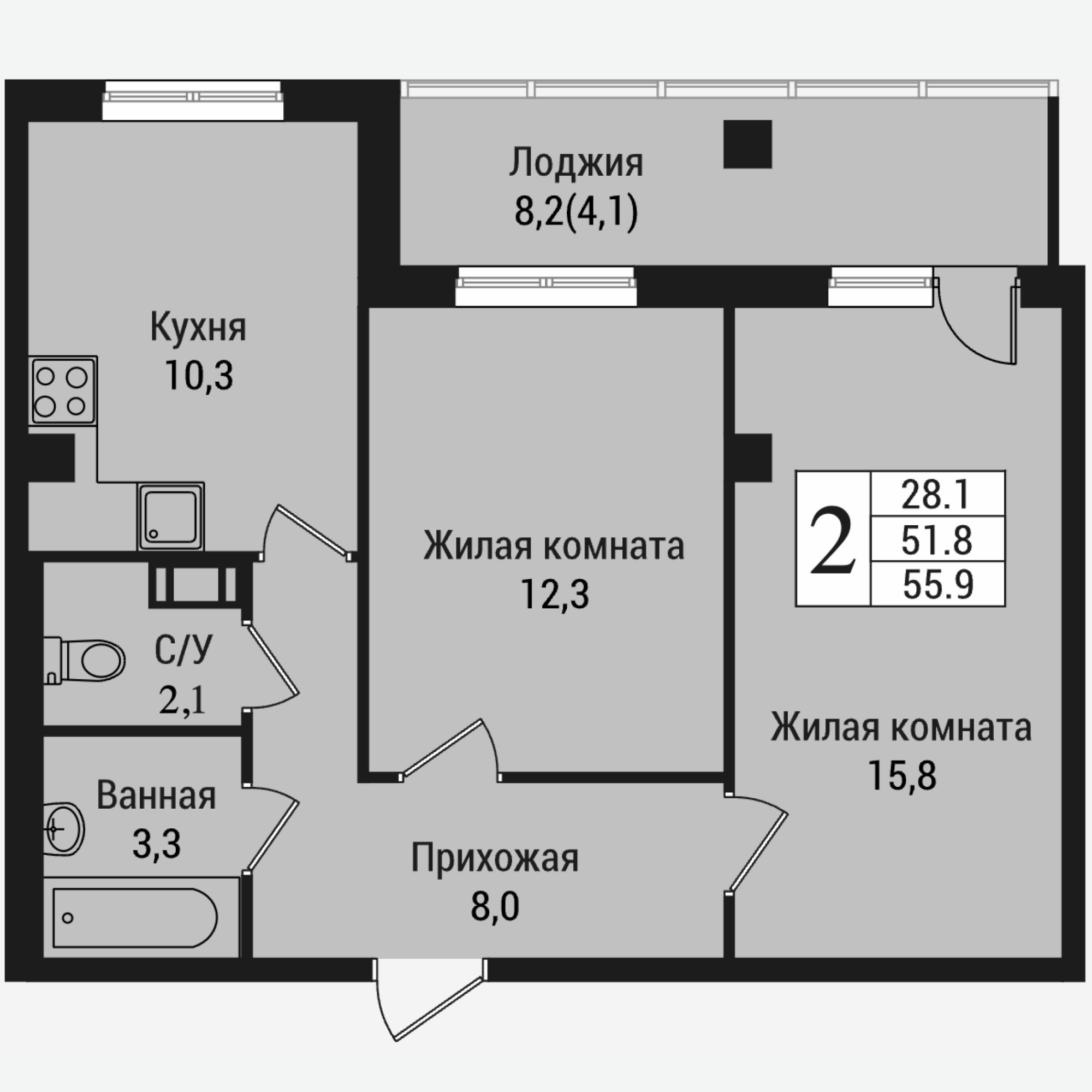 2 комн. квартира, 59.8 м², 8 этаж 