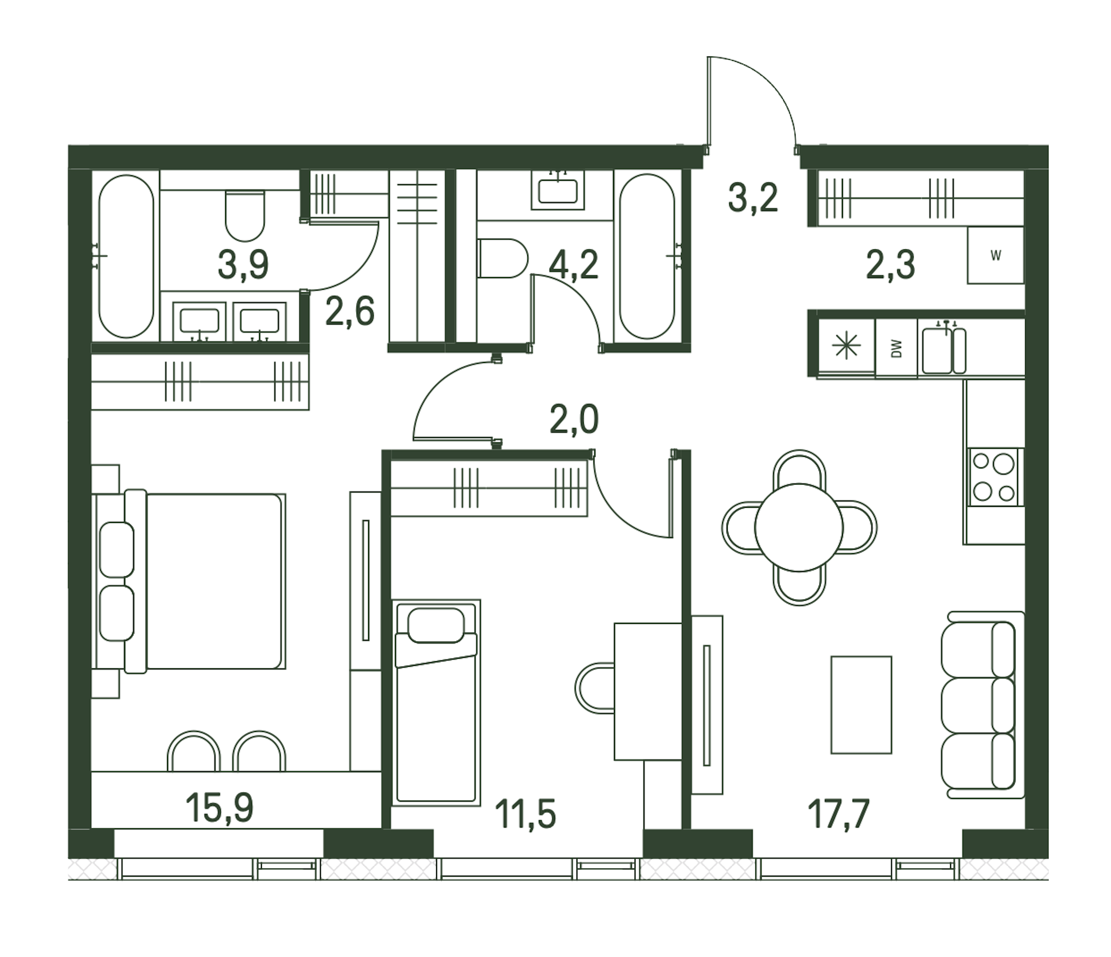 2 комн. квартира, 63.3 м², 22 этаж 