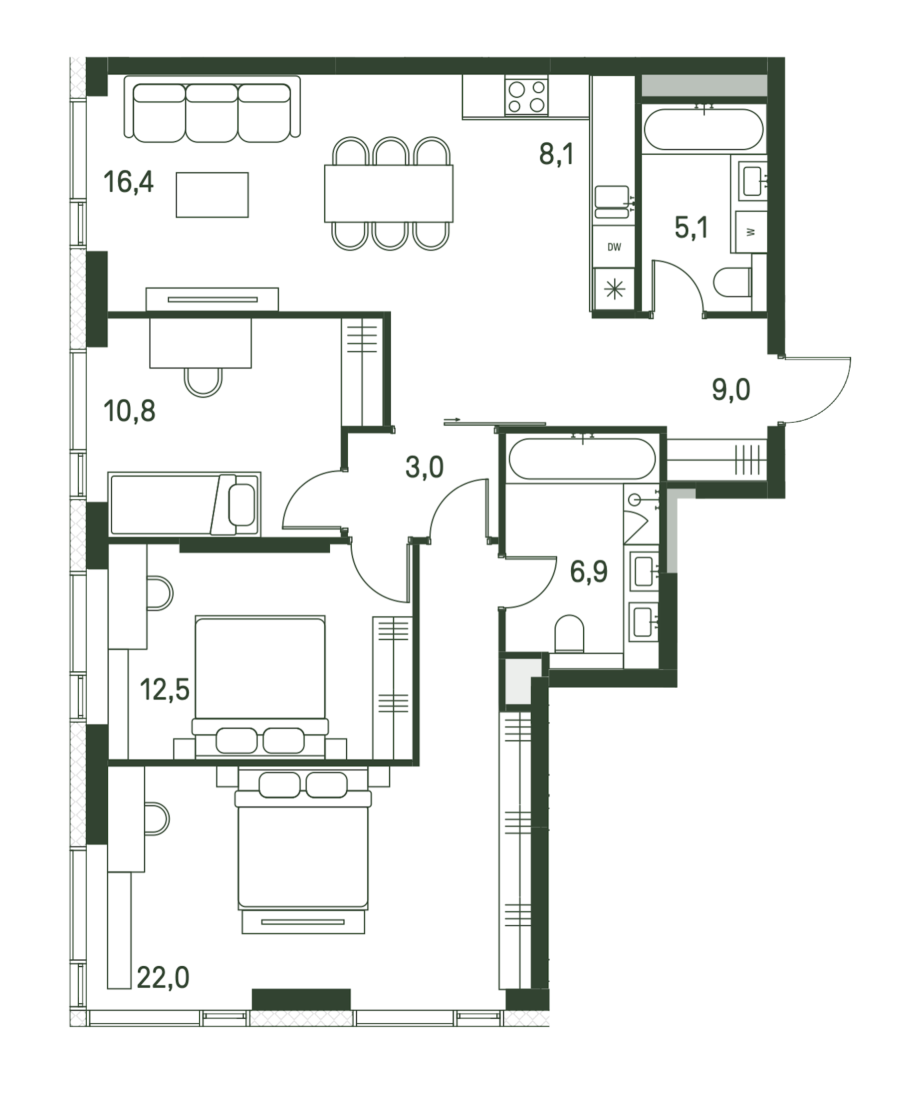 4 комн. квартира, 93.8 м², 19 этаж 