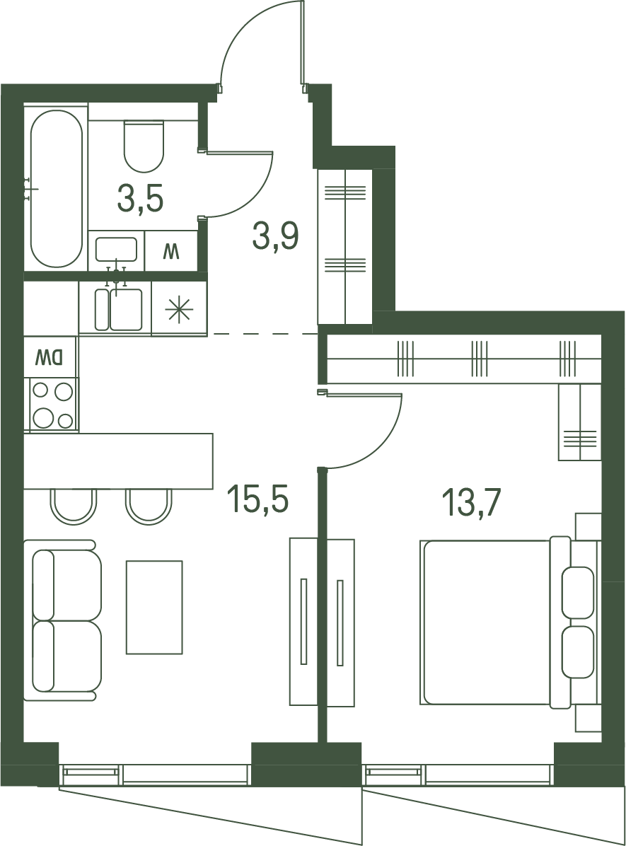 1 комн. квартира, 36.6 м², 31 этаж 