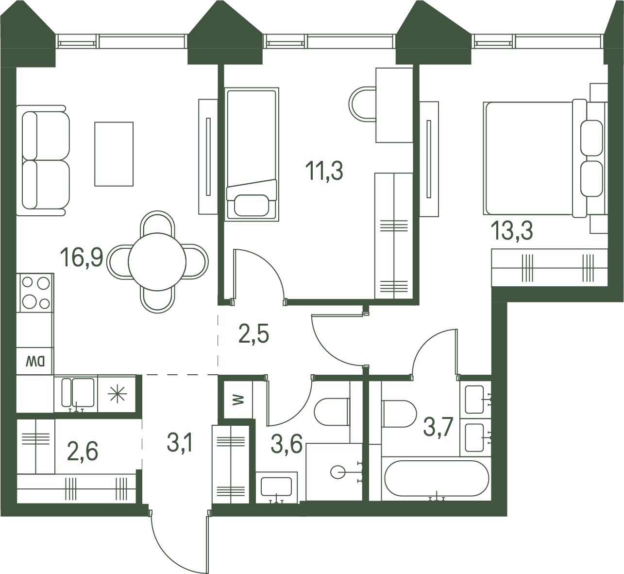 2 комн. квартира, 57 м², 28 этаж 