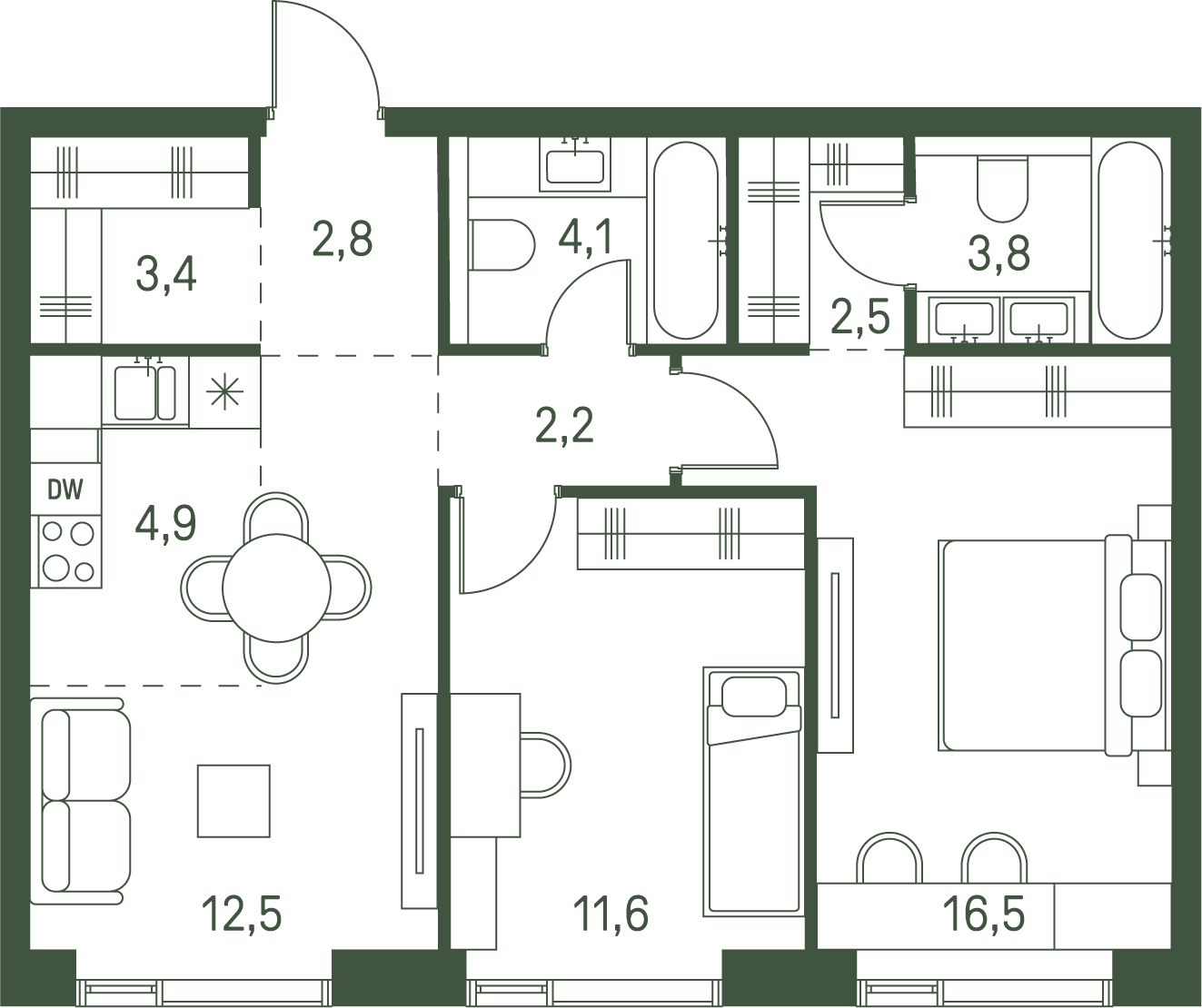 2 комн. квартира, 64.3 м², 28 этаж 